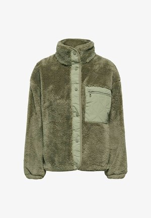 Olivo zelena jopa iz flisa z sponkami na pritrditev, visokim ovratnikom, elastičnimi manšetami in prešito žepno z zadrgo na levi strani prsnega koša.