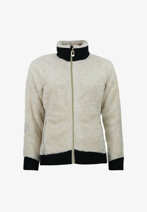 Giacca in pile color avorio con collo alto e dettagli neri, dotata di zip integrale e polsini a costine, che presenta una superficie morbida e strutturata.