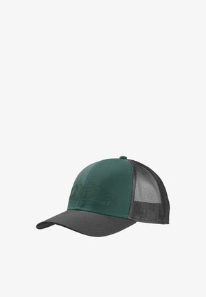 Cappellino da camionista in rete verde e nera con contorno di montagna e logo "Jack Wolfskin" sul pannello frontale.