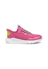 Scarpe sportive rosa con tomaia testurizzata, suola in gomma bianca e accenti in giallo e viola a contrasto. Presentano dettagli con lacci e colletto imbottito.