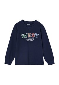 Marineblaues Sweatshirt mit langen Ärmeln, gerippten Bündchen und Rundhalsausschnitt. Mit gesticktem Text "WEST MIDTOWN EST. 1963" in mehreren Farben.
