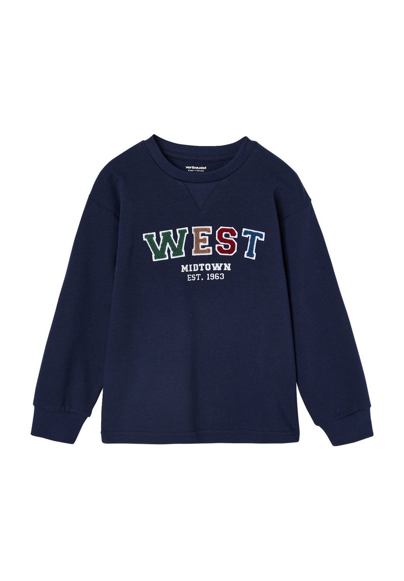 Marineblaues Sweatshirt mit langen Ärmeln, gerippten Bündchen und Rundhalsausschnitt. Mit gesticktem Text "WEST MIDTOWN EST. 1963" in mehreren Farben.