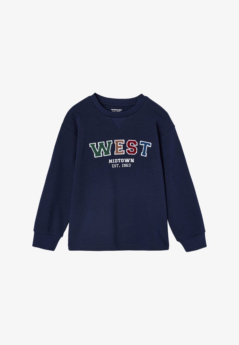 Marineblaues Sweatshirt mit langen Ärmeln, gerippten Bündchen und Rundhalsausschnitt. Mit gesticktem Text "WEST MIDTOWN EST. 1963" in mehreren Farben.