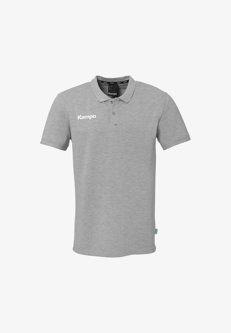 Grijze poloshirt van een katoenmix. Bevat een kraag, korte mouwen, een knoopsluiting met twee knopen en een wit logo op de linkerborst.