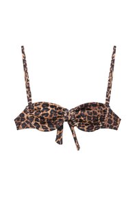 Bikini top s leopardím vzorem, se shromážděnou tkaninou, nastavitelnými ramínky a detailem uzlu vpředu. Vyrobeno z měkkého, elastického materiálu.