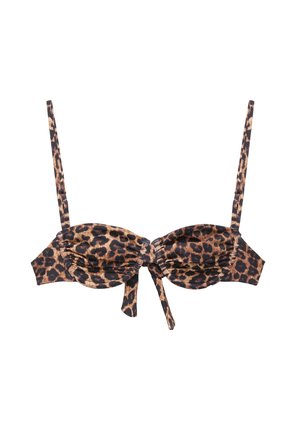 Haut de bikini imprimé léopard avec tissu froncé, bretelles ajustables et détail de nœud à l'avant. Fabriqué en matériau doux et extensible.