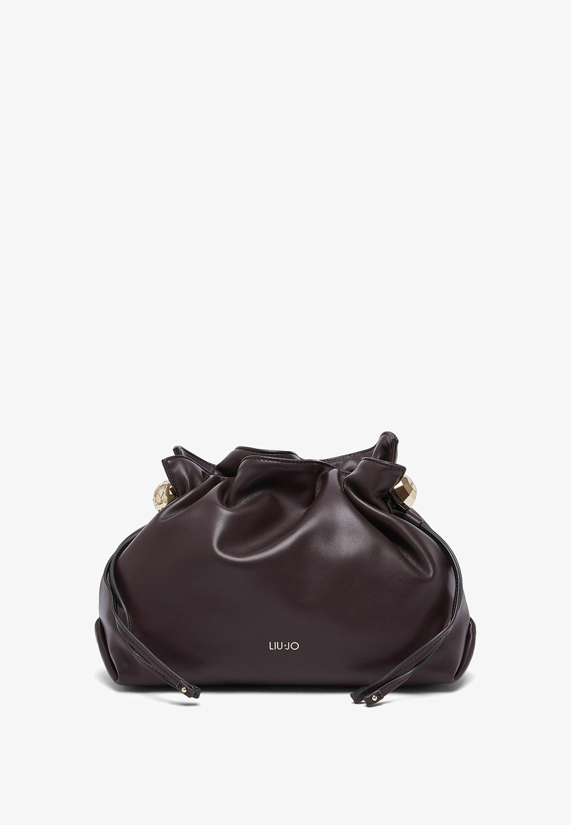 Petit sac bourse en cuir marron foncé souple avec lien coulissant, détails de fermoir couleur dorée et fines lanières d'épaule, marqué "Liu Jo" en petites lettres dorées.