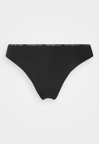 Juoda bikini dugnas su lygia tekstūra, turintis kontrastingą baltą juostelę, pažymėtą "TOMMY HILFIGER" pasikartojančiu raštu.