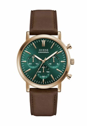 Guess chronograph wristwatch with green dial, gold-tone case, three subdials, gold markers, and brown leather strap.