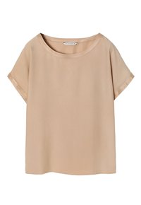 Short-sleeve beige top made of smooth fabric with a wide neckline and rolled cuffs, featuring a straight cut and minimal stitching.