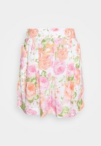 Falda floral con patrones de peonías en tonos rosa, coral y verde sobre un fondo blanco. Diseñada con pliegues y una cintura ajustada.