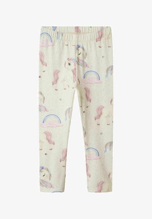 Gaiši pelēkas legingi, izgatavoti no mīksta auduma, ar vienradža motīvu, krāsainām manēm un varavīksnēm. Elastīga josta komfortam.