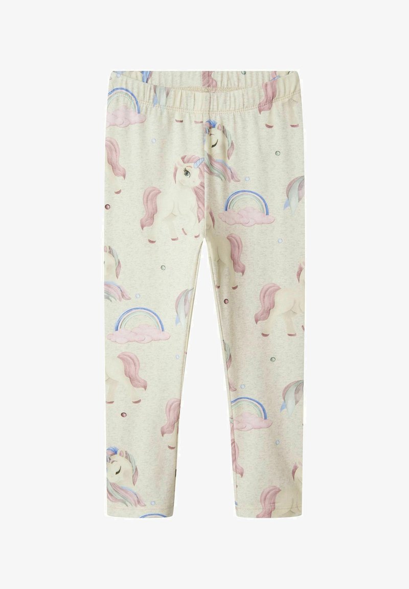 Světlé šedé legíny vyrobené z měkké tkaniny, zdobené vzorem jednorožců s barevnými hřívami a duhovými motivy. Elastický pás pro pohodlí.