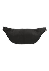 Schwarze Lederbauchtasche mit glatter Textur, geschwungenem Design und verstellbarem Riemen. Verfügt über eine zentrale Naht und minimalen Beschlag.