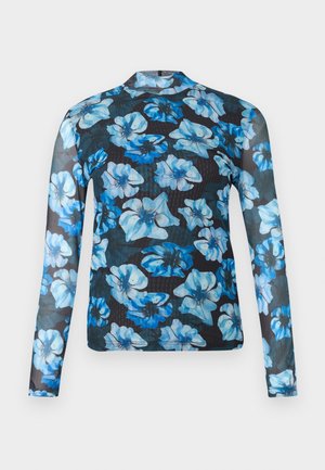 Dlhý rukáv v priesvitnej čiernej látke zdobený modrými kvetinovými vzormi. Dizajn obsahuje otvorený okrúhly výstrih a priliehavé rukávy.