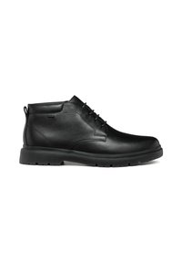 Botas de tobillo de cuero negro con un acabado suave, diseño de cordones, collar acolchado y suela de goma resistente con agarre texturizado.