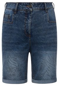 Denim shorts, joissa on tummansininen gradientti ja huomaamaton lehtikuvio helmassa. Sisältää etutaskut ja käärityt lahkeet yksityiskohtia varten.