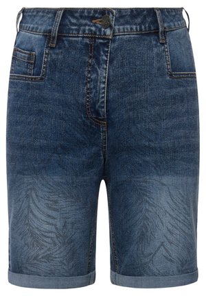 Pantalones cortos de mezclilla con un degradado azul oscuro y un sutil patrón de hojas en el dobladillo. Incluyen bolsillos frontales y dobladillos doblados para mayor detalle.