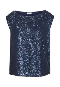 Marineblaues Paillettenoberteil mit kurzen Ärmeln, das über einen Rundhalsausschnitt verfügt und eine strukturierte Oberfläche hat, die mit schimmernden Pailletten bedeckt ist.