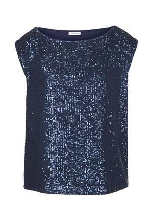 Navy blue sequin top with short sleeves, featuring a scoop neckline and a textured surface covered in shimmering sequins.
