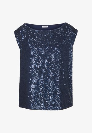 Marineblaues Paillettenoberteil mit kurzen Ärmeln, das über einen Rundhalsausschnitt verfügt und eine strukturierte Oberfläche hat, die mit schimmernden Pailletten bedeckt ist.