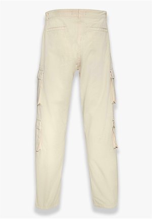 Pantalons cargo beiges avec une coupe droite, comportant deux poches latérales et deux poches arrière, fabriqués à partir d'un tissu en coton mélangé durable.