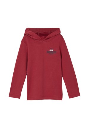 Rode lange mouwen hoodie shirt met een kleine blauwe graphic met de tekst "Acrobatics Circus" op de bovenste linkerborst.