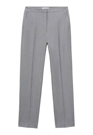 Gray tailored trousers made from smooth fabric. Features a flat front, two side pockets, and a straight-leg design.