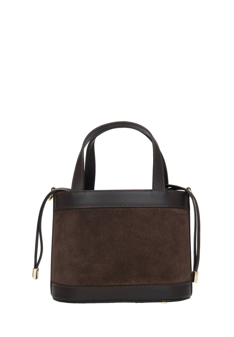 Brązowa zamszowa torebka z ciemnobrązową skórzaną podstawą i wykończeniem. Posiada dwa krótkie uchwyty oraz ozdobny sznurek ściągający.