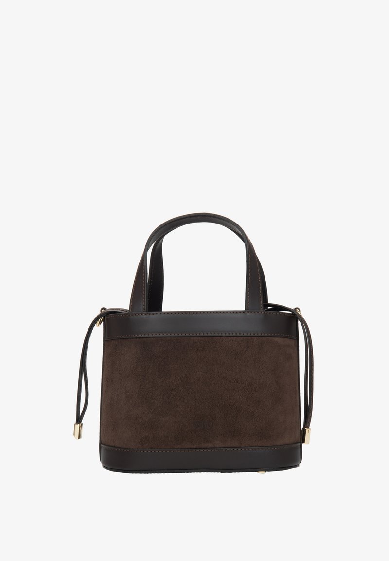 Brązowa zamszowa torebka z ciemnobrązową skórzaną podstawą i wykończeniem. Posiada dwa krótkie uchwyty oraz ozdobny sznurek ściągający.