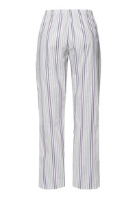 Lichte, gestreepte broek in het wit met verticale lavendel- en beige lijnen. Voorzien van een elastische tailleband, rechte pasvorm en zachte stoftextuur.