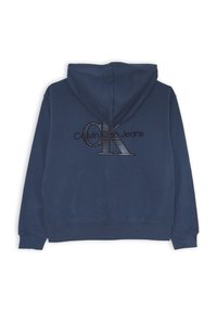 Felpa con cappuccio blu navy in cotone, con un grande logo ricamato "CK" e la scritta "Calvin Jeans" sul retro in colori a contrasto.
