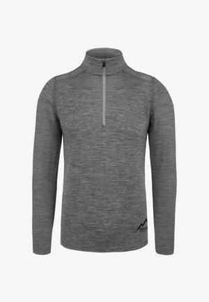 Gray long-sleeve pullover with a half-zip collar, made of textured fabric, featuring a logo with mountain graphics on the lower left side.