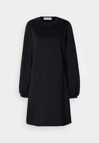 Zwarte jurk met lange mouwen, ronde halslijn, relaxte pasvorm en gathered manchetten. Gladde stof met een eenvoudig, minimalistisch ontwerp.