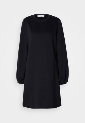 Zwarte jurk met lange mouwen, ronde halslijn, relaxte pasvorm en gathered manchetten. Gladde stof met een eenvoudig, minimalistisch ontwerp.