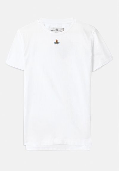 White cotton t-shirt with short sleeves, featuring a small blue and orange embroidered design at the chest. Plain texture, round neckline.