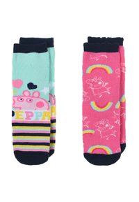 Socken in zwei Designs: die eine mintgrün mit bunten Streifen und einer Figur, die andere rosa mit Regenbögen und einer Umrisszeichnung einer Figur.