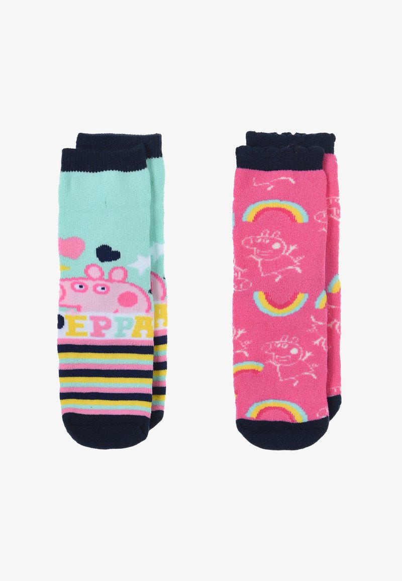 Socken in zwei Designs: die eine mintgrün mit bunten Streifen und einer Figur, die andere rosa mit Regenbögen und einer Umrisszeichnung einer Figur.