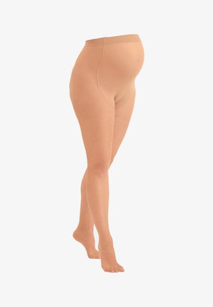 Beżowe rajstopy ciążowe z wysokim stanem, wykonane z gładkiego, elastycznego materiału. Posiadają bezszwowy design dla wygody i wsparcia.