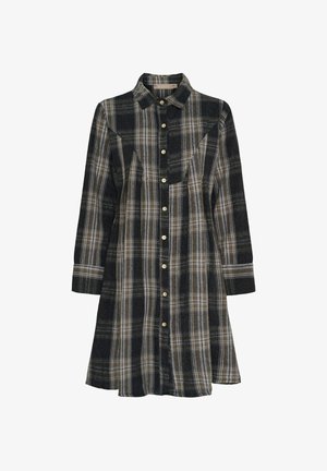 Skjortekjole i ternet mønster lavet af blødt stof, med sorte og brune nuancer, knapper foran, lange ærmer og krave med spidser.