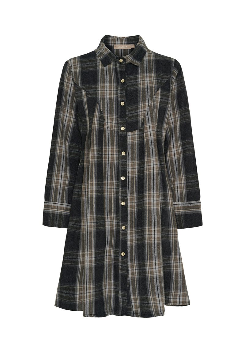 Skjortekjole i ternet mønster lavet af blødt stof, med sorte og brune nuancer, knapper foran, lange ærmer og krave med spidser.
