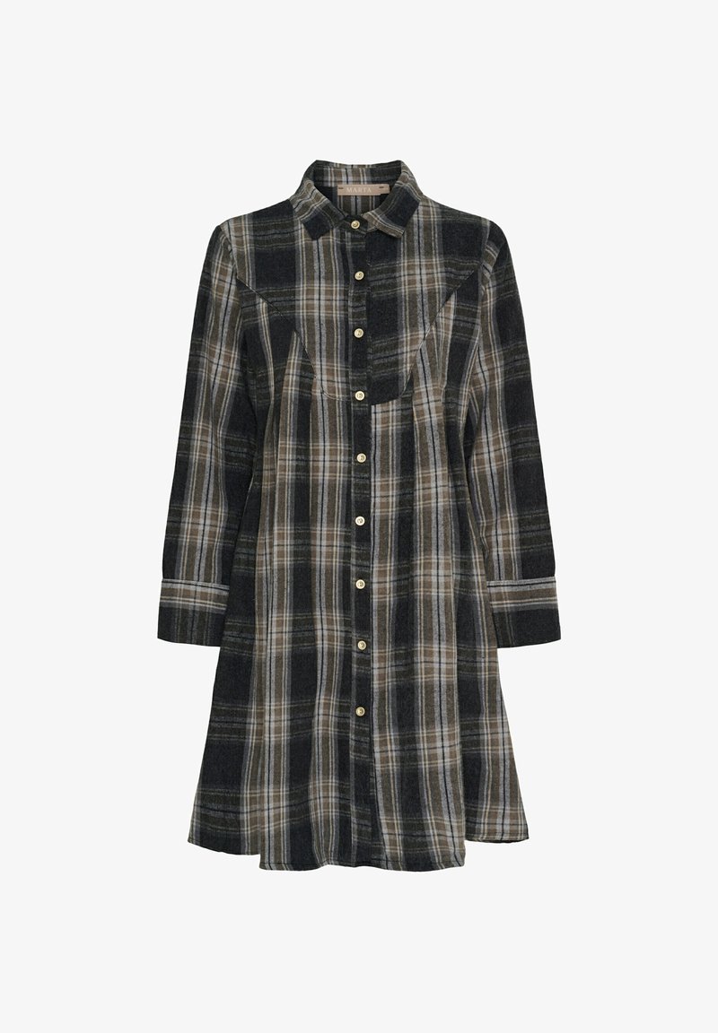 Skjortekjole i ternet mønster lavet af blødt stof, med sorte og brune nuancer, knapper foran, lange ærmer og krave med spidser.