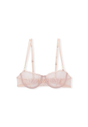 Spitzen-BH in sanftem Rosa mit Bügelcups, zarter Blumenstickerei, verstellbaren Trägern und einer gezackten Kante entlang der Ränder.