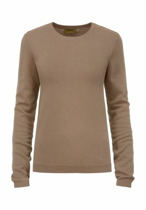 Brązowy sweter z długim rękawem z okrągłym dekoltem, z elastycznymi mankietami i trzema ozdobnymi złotymi guzikami na jednym ramieniu.