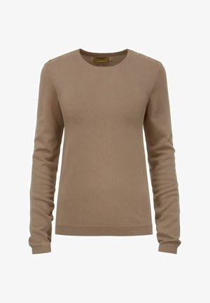 Brązowy sweter z długim rękawem z okrągłym dekoltem, z elastycznymi mankietami i trzema ozdobnymi złotymi guzikami na jednym ramieniu.