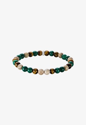 Stretch-Perlenarmband mit abwechselnd grünen, braunen und beigen runden Steinen und einer kleinen silbernen Perle mit eingraviertem "SABO".
