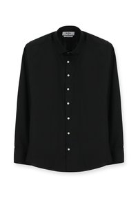 Czarna koszula na długi rękaw zapinana na guziki, z klasycznym kołnierzykiem, ozdobiona białymi guzikami i gładką, tkaną fakturą. Prosty dół.