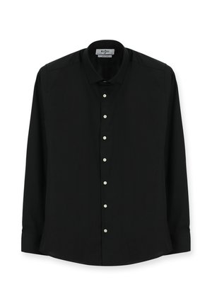 Camisa negra de manga larga con botones y cuello clásico, con botones blancos y una textura tejida y suave. Dobladillo recto.