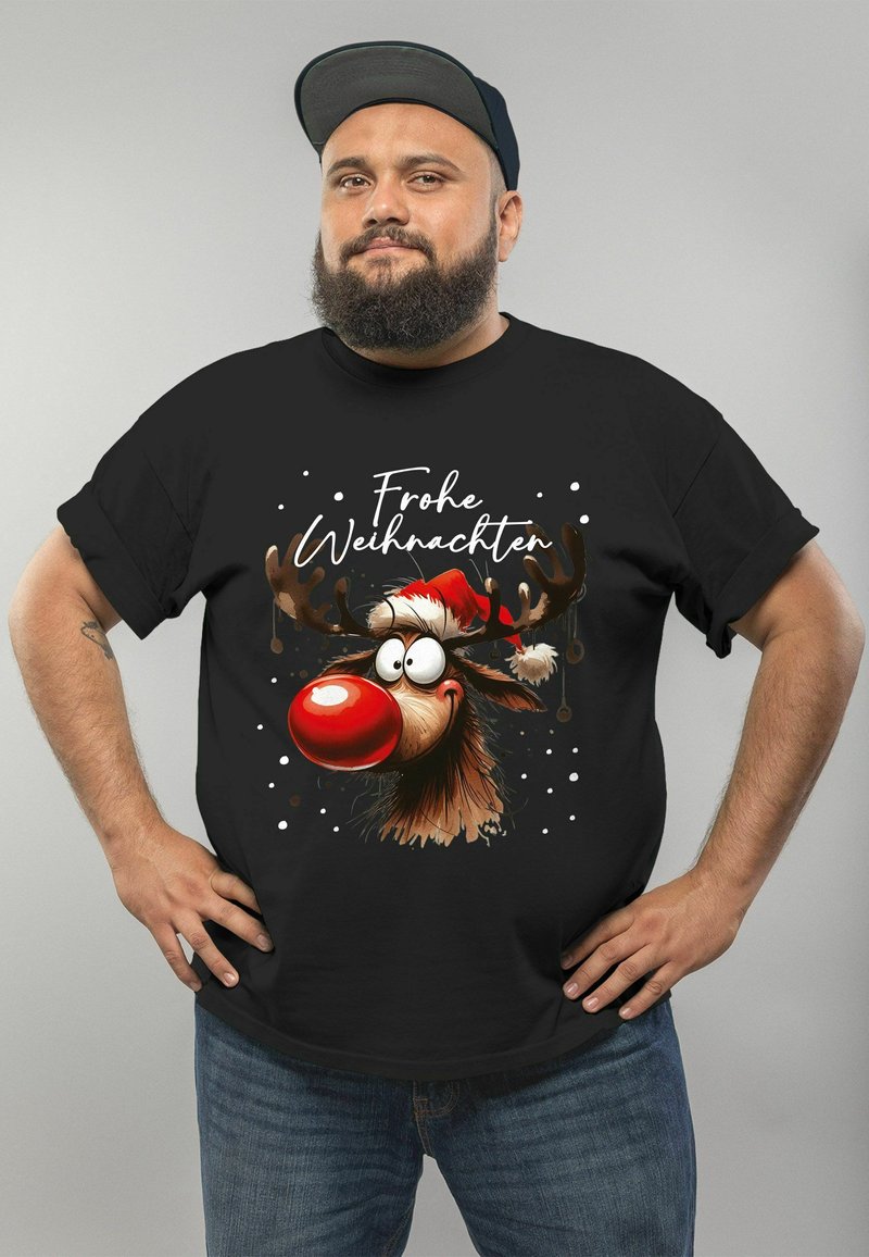 Black t-shirt featuring a cartoon reindeer with a red nose and Santa hat, adorned with white snowflakes and the text "Frohe Weihnachten."