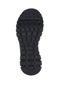 Czarną gumową podeszwę buta z teksturowanym wzorem w kwadraty i prostokąty, z wyprofilowanym kształtem pięty oraz wyraźnymi elementami poprawiającymi przyczepność.